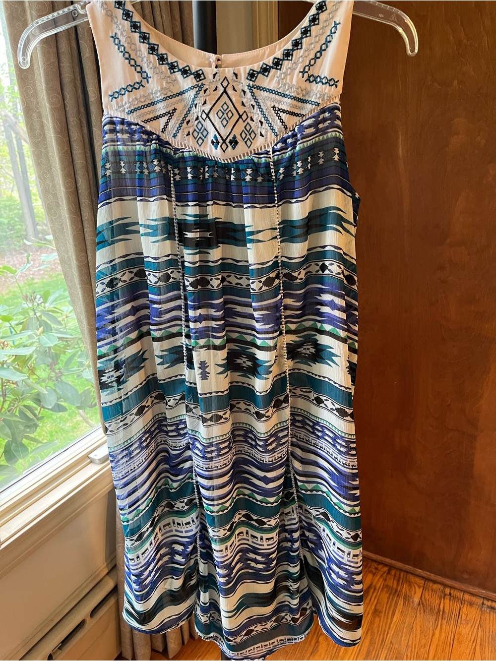 Xhilaration Blue & White Printed Dress with Embroidered Yoke
